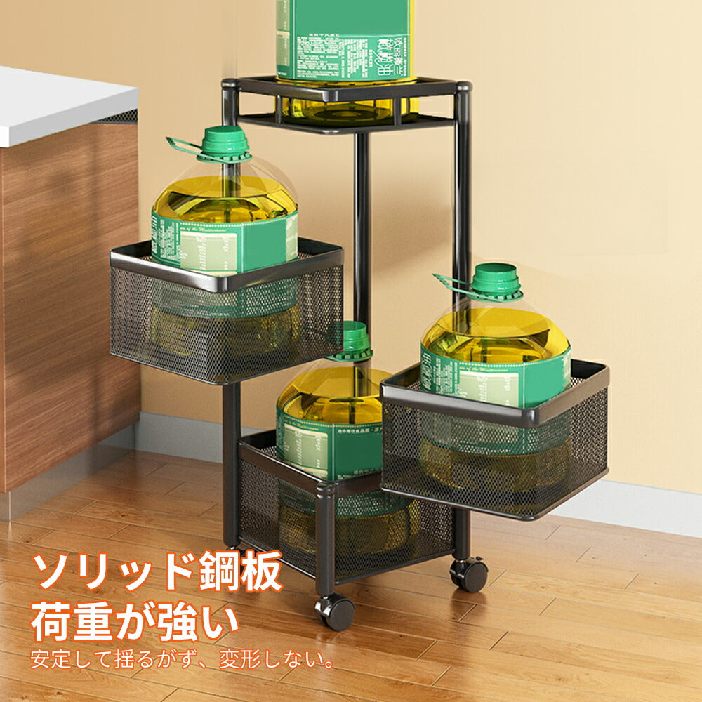 キッチンワゴンキッチンラック収納ラック回転移動式キャスター付き組立不要完成品防錆防水隙間収納台所居間トイレ果物風呂野菜調味料ラック収納おしゃれブラック3段【送料無料】