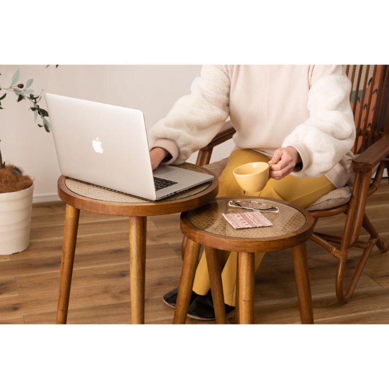 ラタン使用 ラウンドガラステーブルS