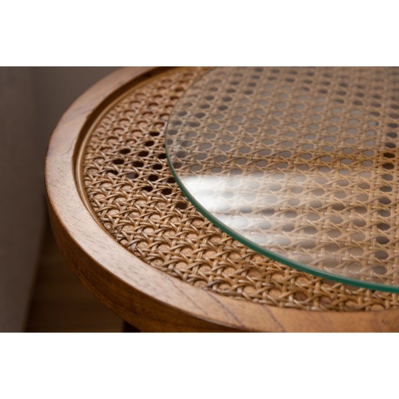 ラタン使用 ラウンドガラステーブルM